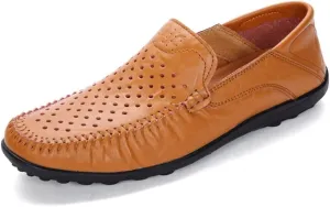 Driving Moccasins Loafer Shoes for Men Genuine Leather Round Toe Stitching Details Perforated Breathable Flexible Lightweight Resistant Flat Heel for Any Attire