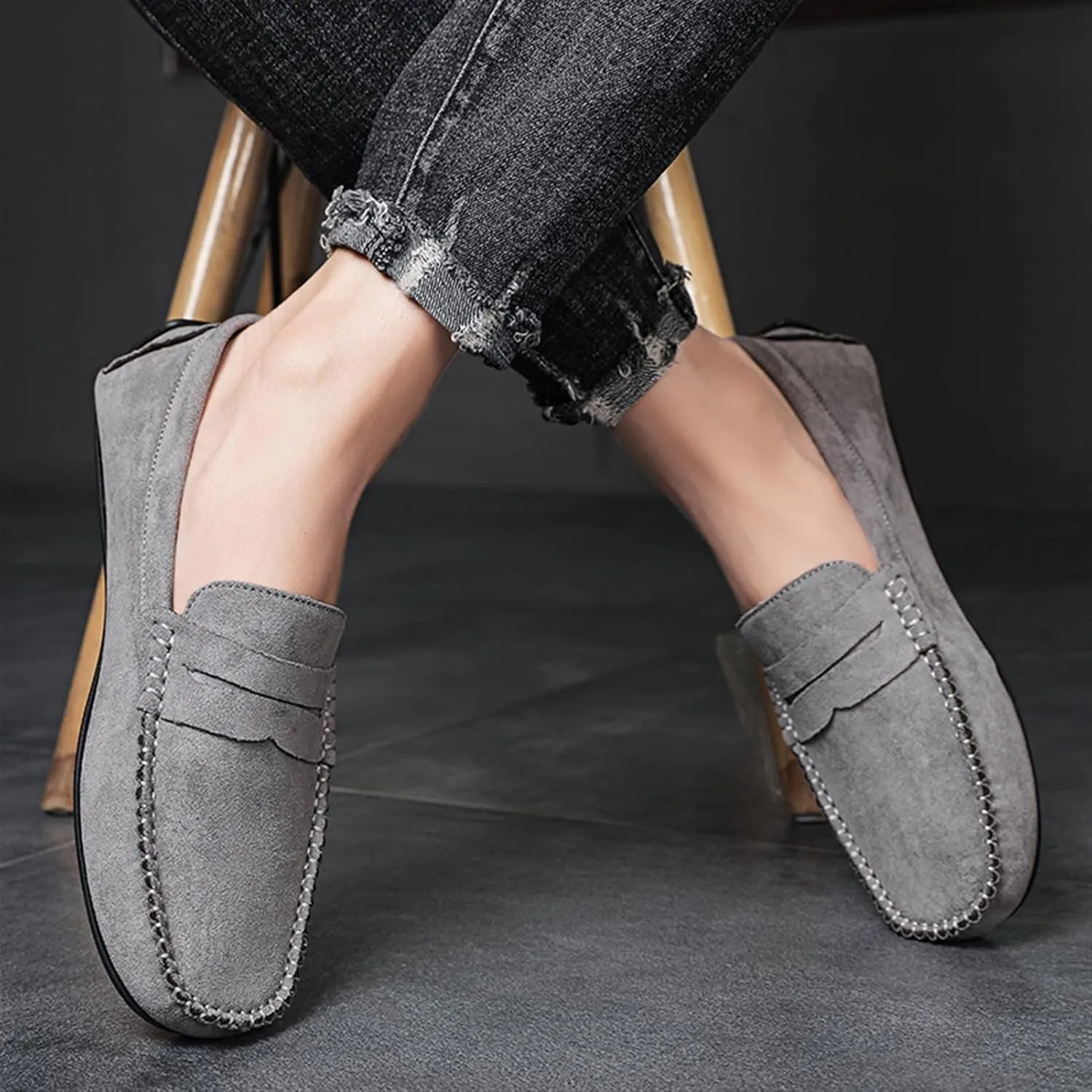 Easy to Put and Remove. Loafer Shoes Driving Moccasins for Men Genuine Leather Round Toe Suede Vamp Penny Loafer Lightweight Anti-Slip Resistant Flat Heel Flexible Outdoor for All Occasions