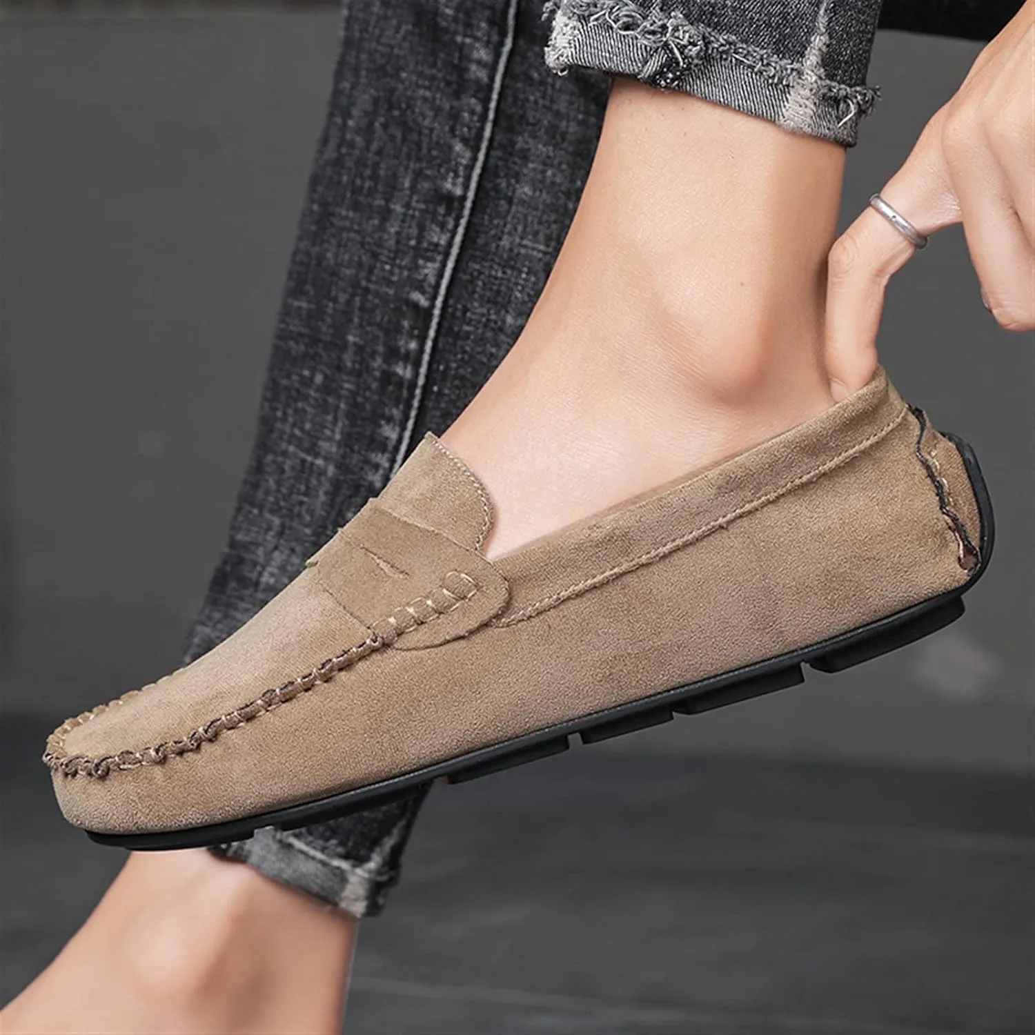 Easy to Put and Remove. Loafer Shoes Driving Moccasins for Men Genuine Leather Round Toe Suede Vamp Penny Loafer Lightweight Anti-Slip Resistant Flat Heel Flexible Outdoor for All Occasions
