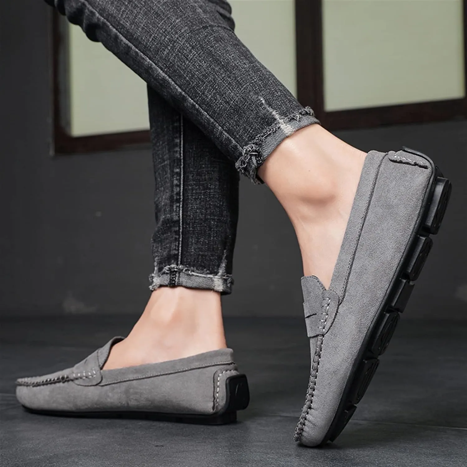 Easy to Put and Remove. Loafer Shoes Driving Moccasins for Men Genuine Leather Round Toe Suede Vamp Penny Loafer Lightweight Anti-Slip Resistant Flat Heel Flexible Outdoor for All Occasions