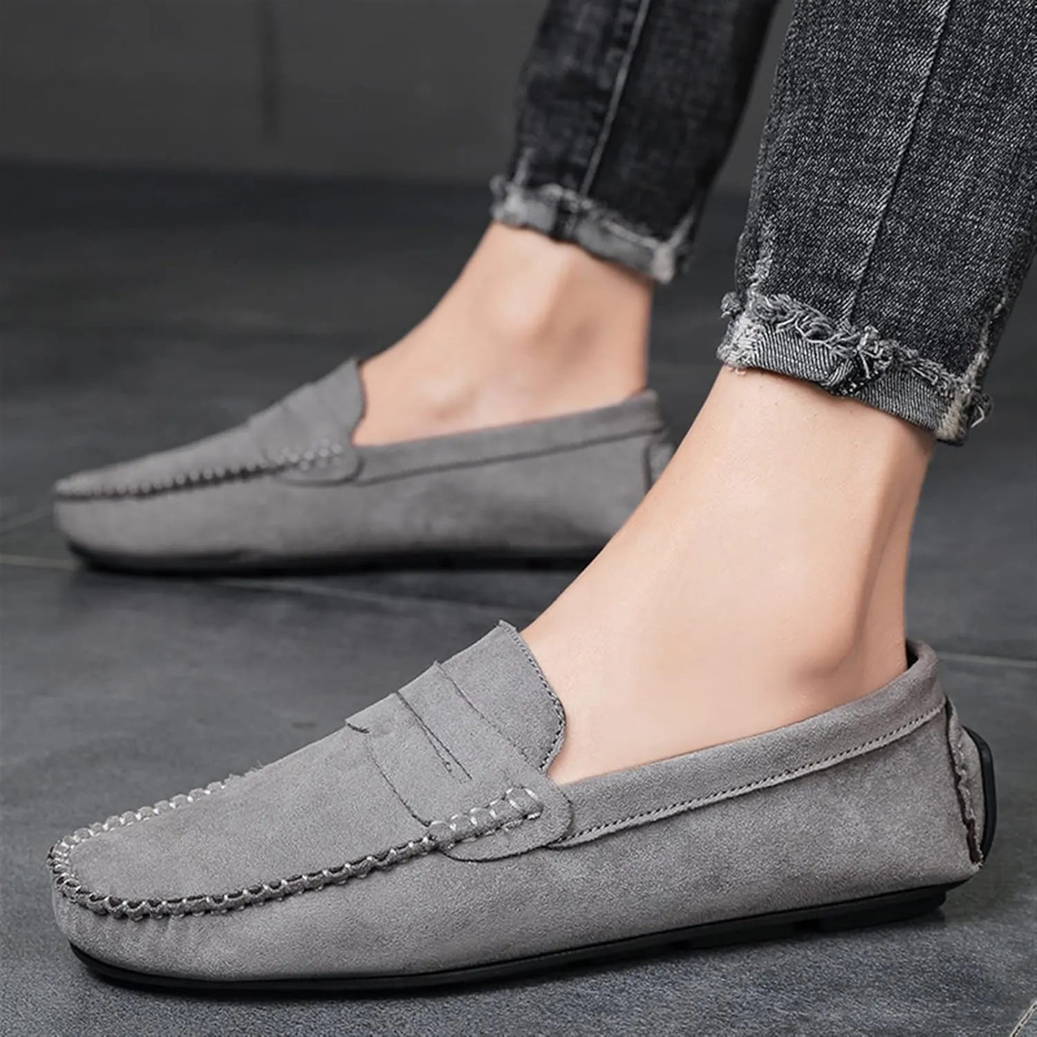 Easy to Put and Remove. Loafer Shoes Driving Moccasins for Men Genuine Leather Round Toe Suede Vamp Penny Loafer Lightweight Anti-Slip Resistant Flat Heel Flexible Outdoor for All Occasions