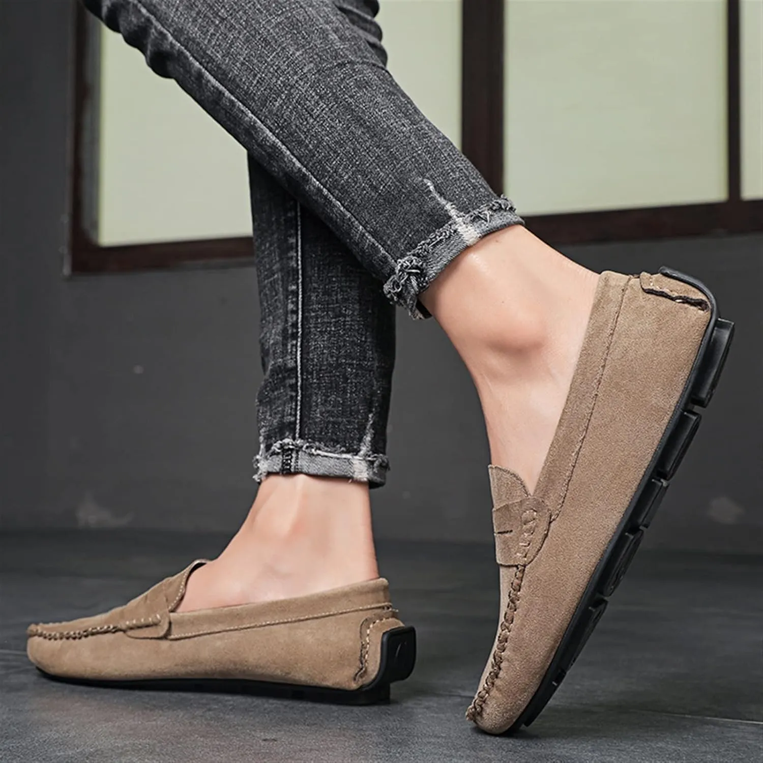 Easy to Put and Remove. Loafer Shoes Driving Moccasins for Men Genuine Leather Round Toe Suede Vamp Penny Loafer Lightweight Anti-Slip Resistant Flat Heel Flexible Outdoor for All Occasions