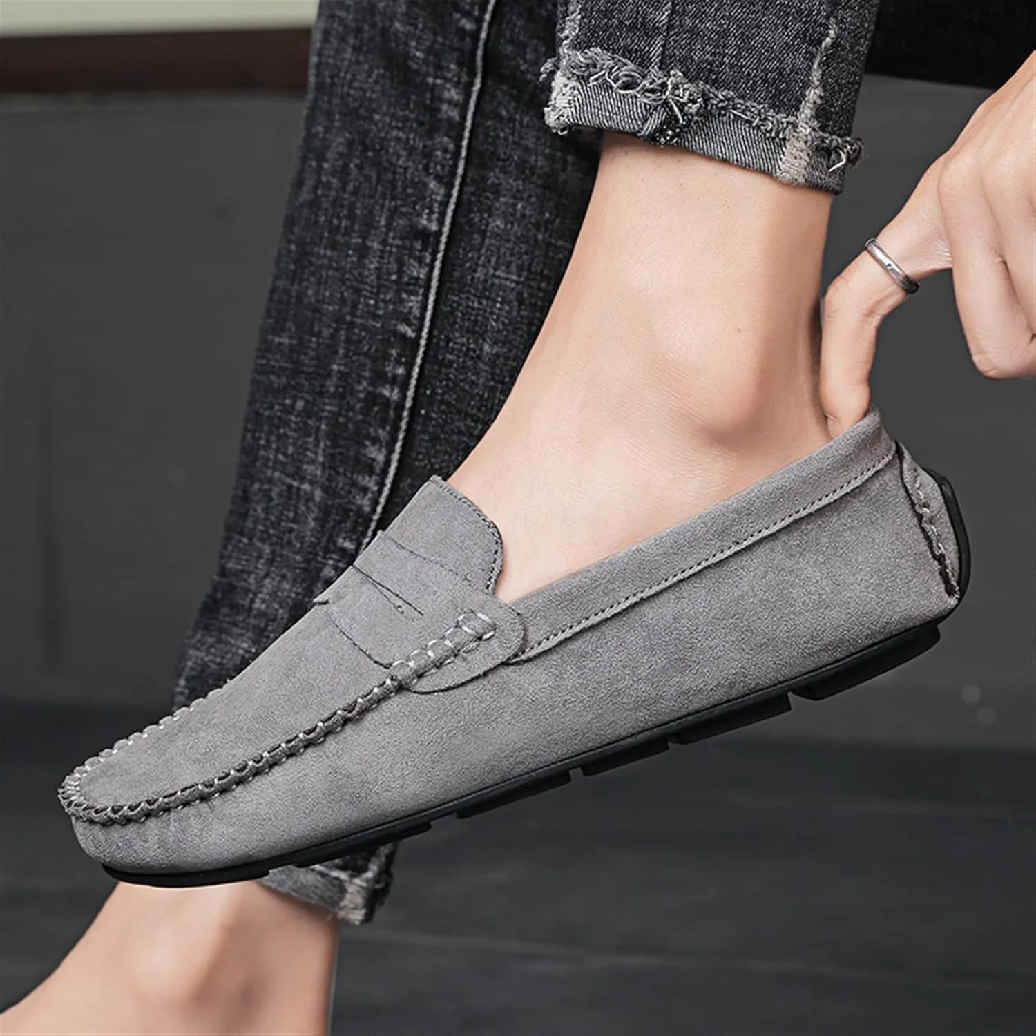 Easy to Put and Remove. Loafer Shoes Driving Moccasins for Men Genuine Leather Round Toe Suede Vamp Penny Loafer Lightweight Anti-Slip Resistant Flat Heel Flexible Outdoor for All Occasions