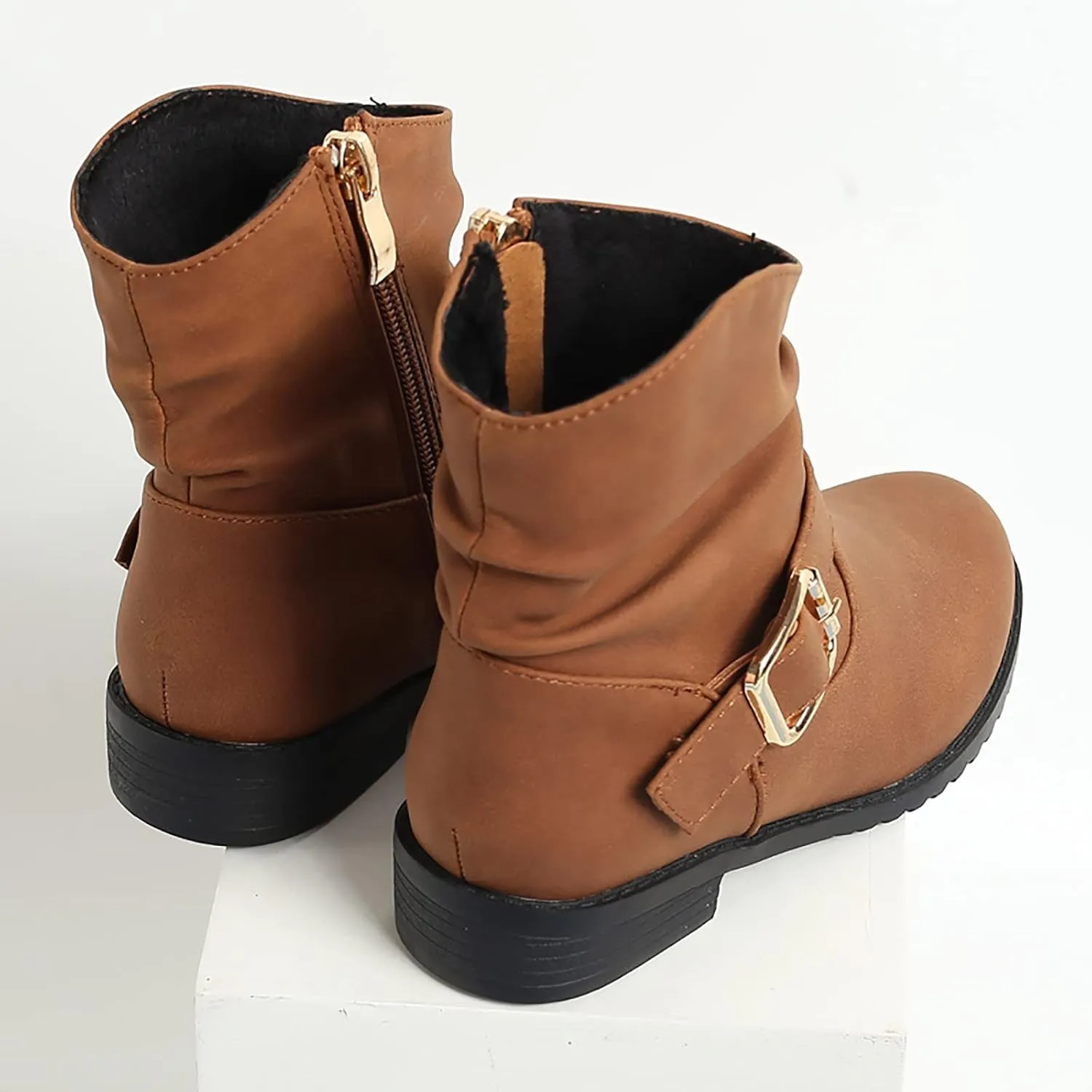 Girls Buckle Decor Slouchy Boots Western Boots Kids Ankle Boots Girls Low Heel Riding Booties Baby Boots