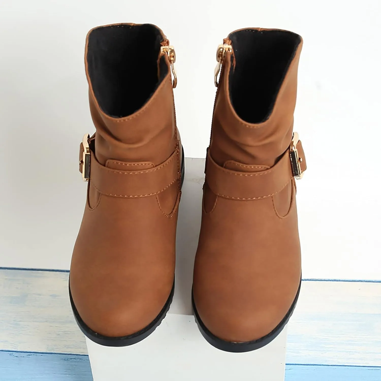 Girls Buckle Decor Slouchy Boots Western Boots Kids Ankle Boots Girls Low Heel Riding Booties Baby Boots