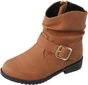 Girls Buckle Decor Slouchy Boots Western Boots Kids Ankle Boots Girls Low Heel Riding Booties Baby Boots