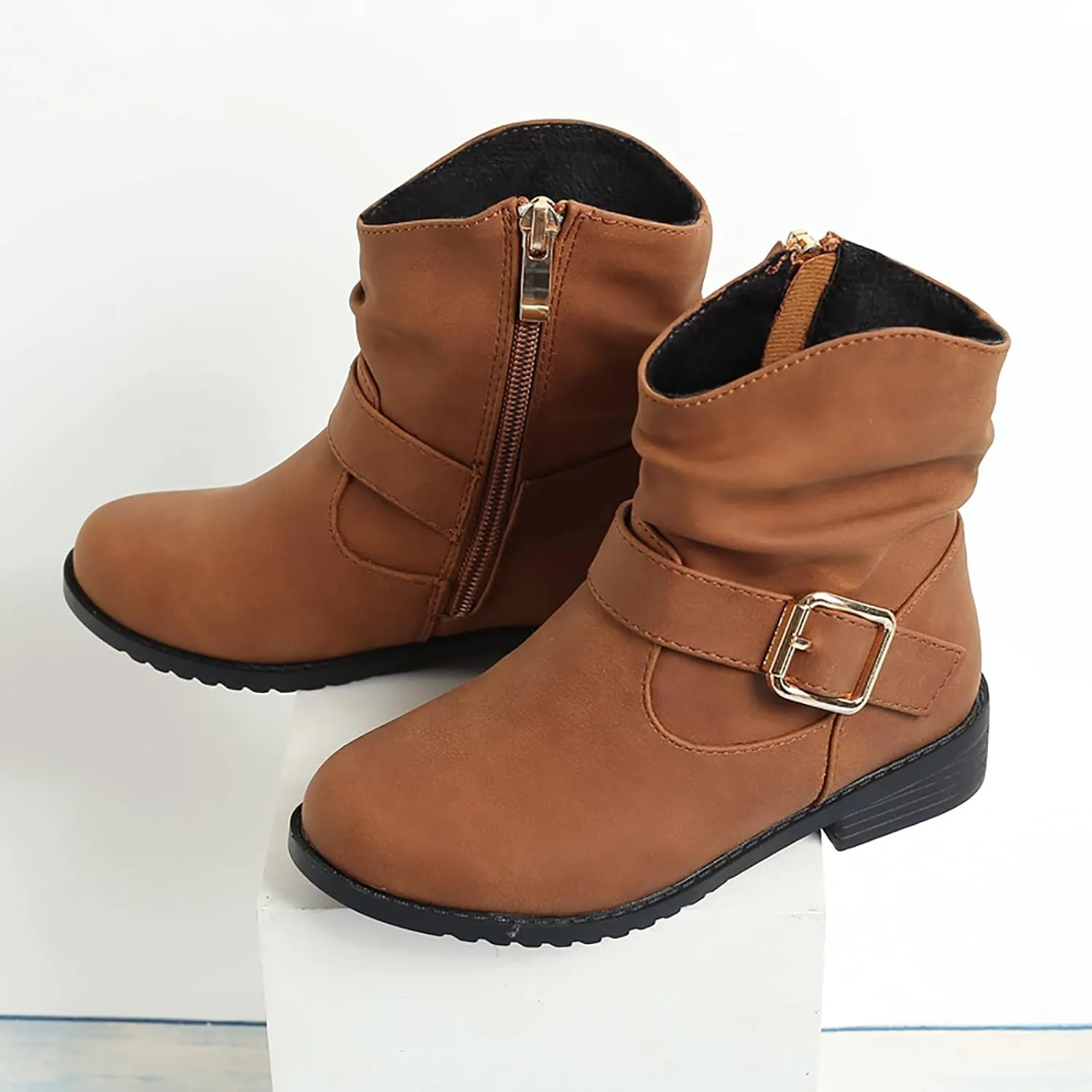 Girls Buckle Decor Slouchy Boots Western Boots Kids Ankle Boots Girls Low Heel Riding Booties Baby Boots