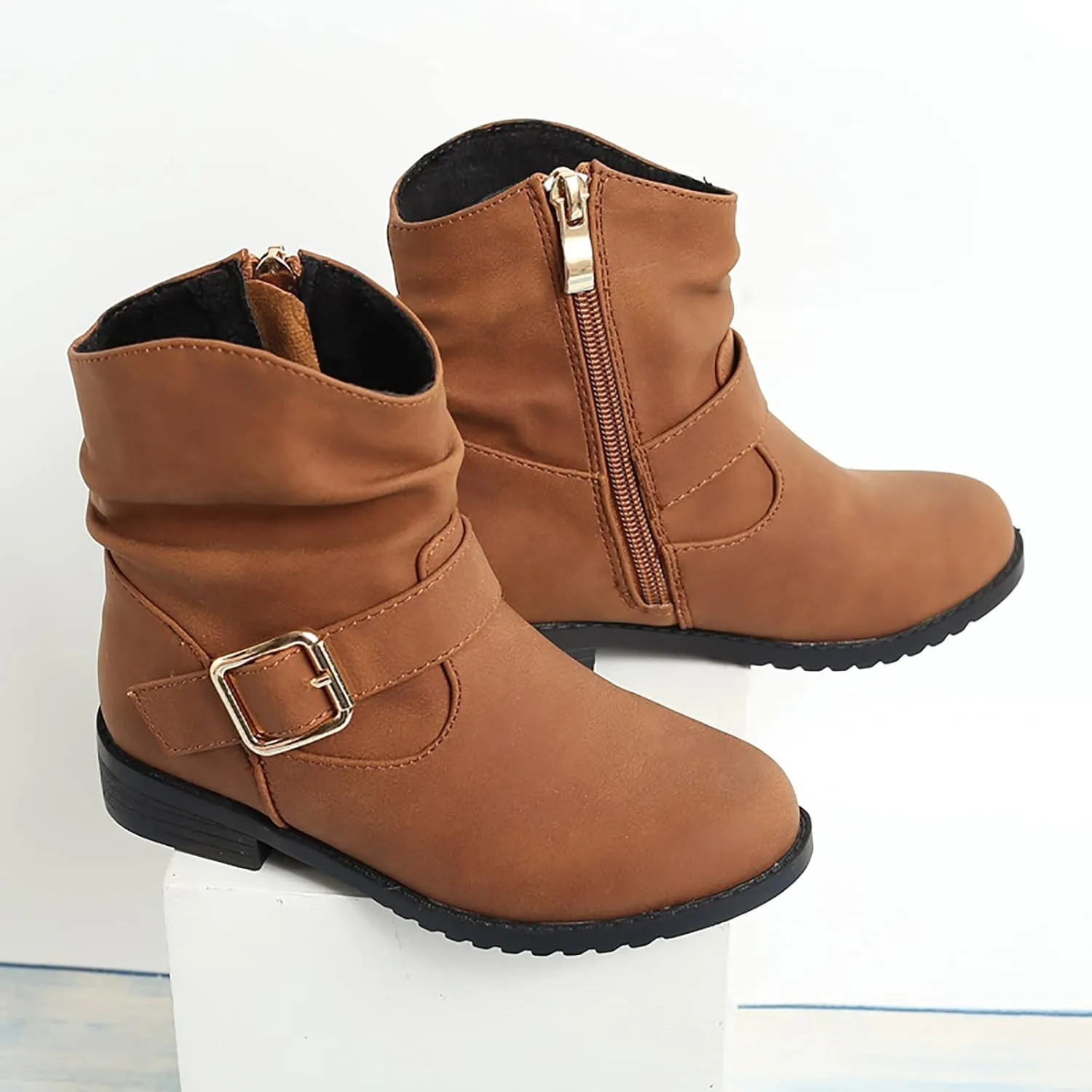 Girls Buckle Decor Slouchy Boots Western Boots Kids Ankle Boots Girls Low Heel Riding Booties Baby Boots
