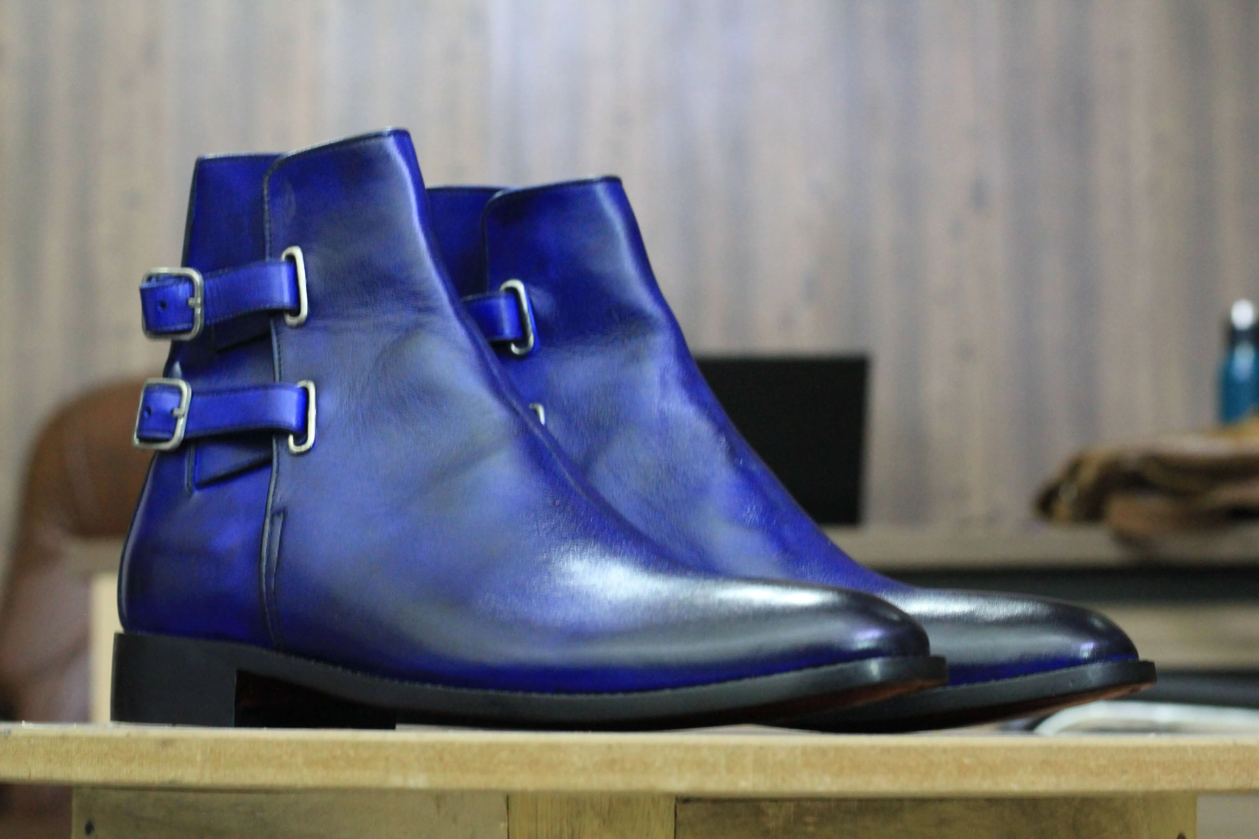 Handmade Blue Double Buckle Ankle High Boot, Men's Boot, Formal Wear Boot
