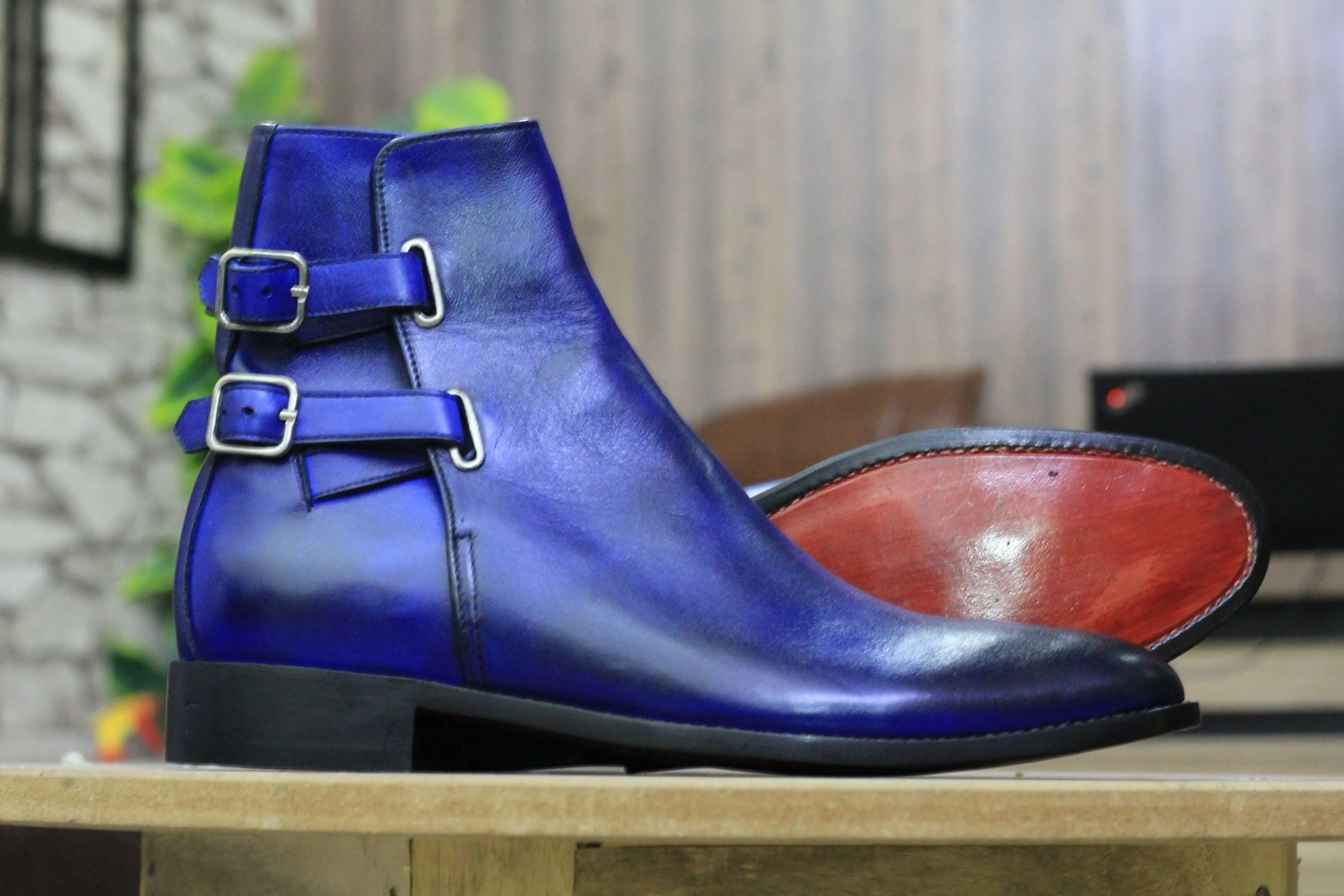 Handmade Blue Double Buckle Ankle High Boot, Men's Boot, Formal Wear Boot