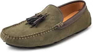 HOOENG Driving Moccasins Smoking Loafer for Men Tassel Genuine Leather Suede Vamp Round Toe Stitching Details Resistant Flexible Soft Comfortable Flat Heel (Color : Dark Green, Size : 8.5)