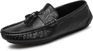 HOOENG Smoking Loafer Driving Moccasins for Men Genuine Leather Stitching Details Round Toe Tassel Resistant Flat Heel Flexible Lightweight Anti-Slip (Color : Black, Size : 7)