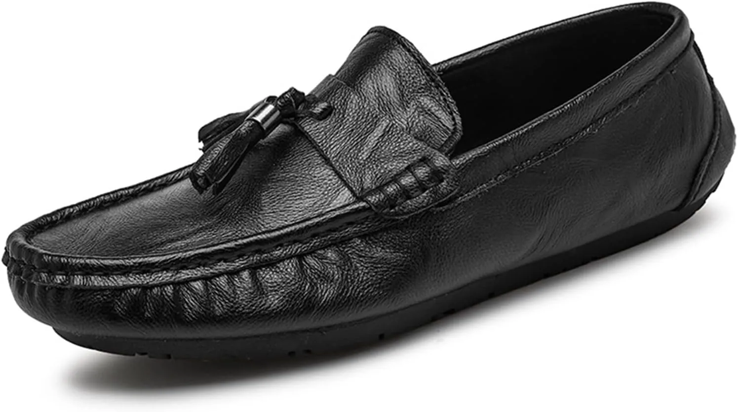 HOOENG Smoking Loafer Driving Moccasins for Men Genuine Leather Stitching Details Round Toe Tassel Resistant Flat Heel Flexible Lightweight Anti-Slip (Color : Black, Size : 8.5)
