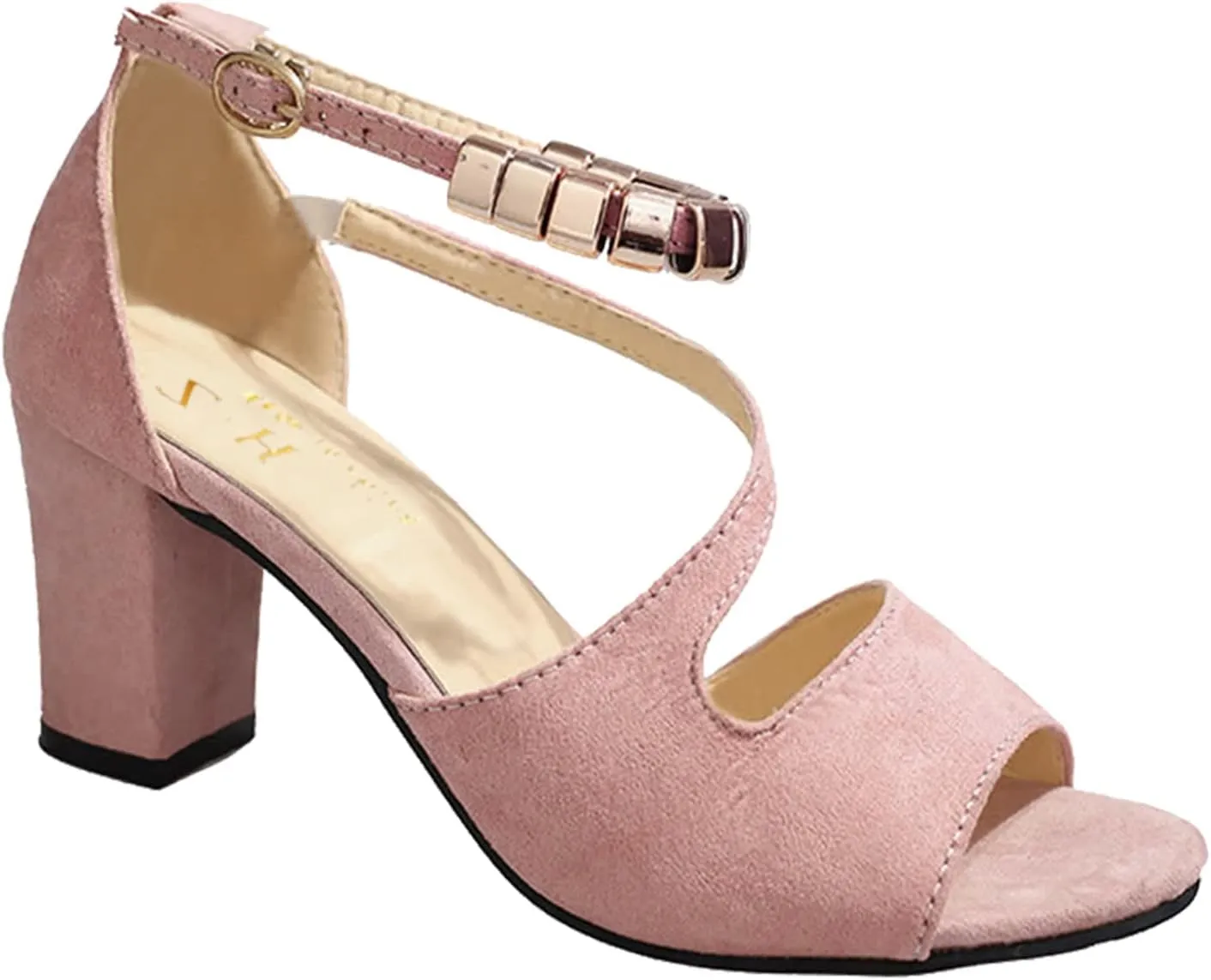 Strappy Heels for Women Open Toe Square Toe Chunky Block Heel Ankle Strap Dress Shoes