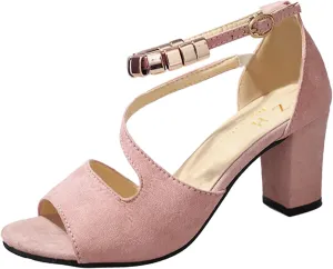 Strappy Heels for Women Open Toe Square Toe Chunky Block Heel Ankle Strap Dress Shoes