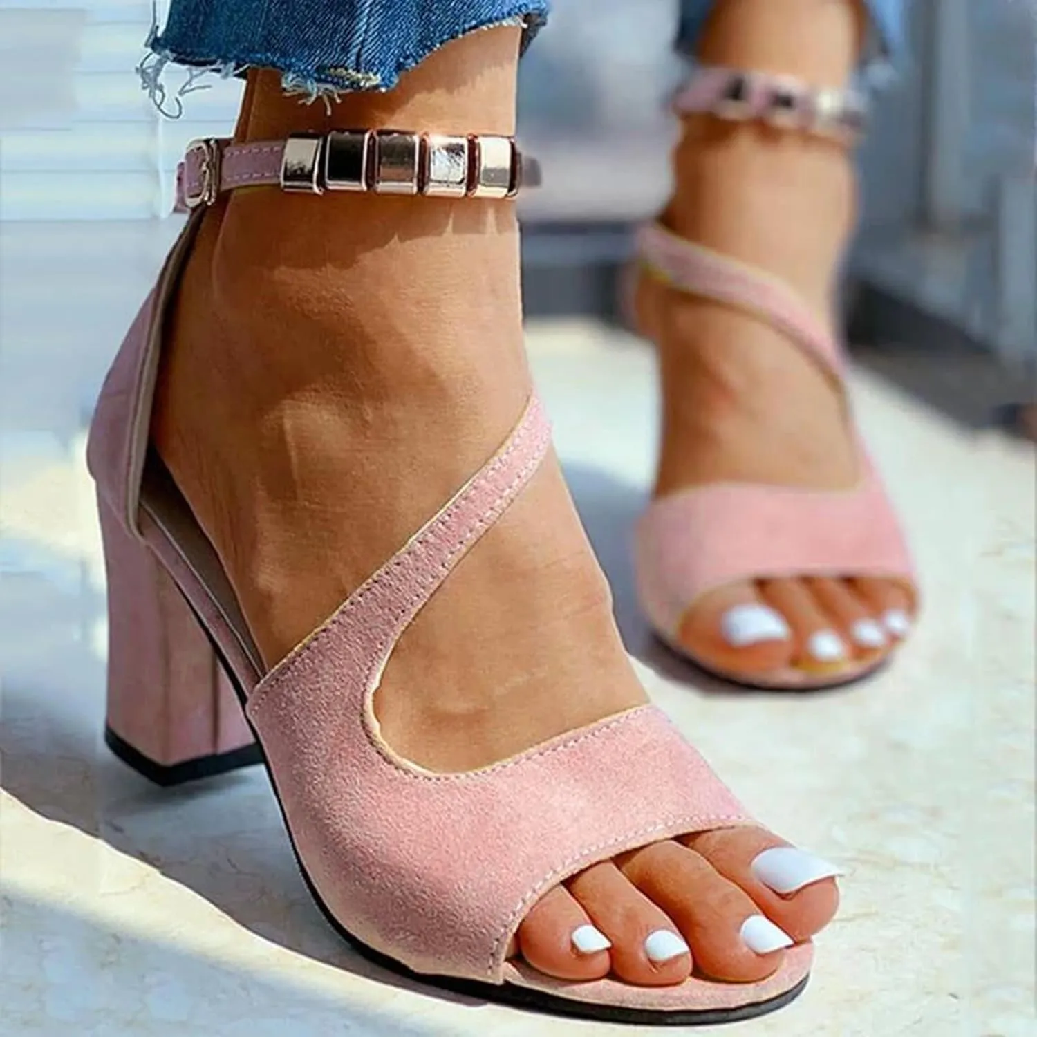 Strappy Heels for Women Open Toe Square Toe Chunky Block Heel Ankle Strap Dress Shoes