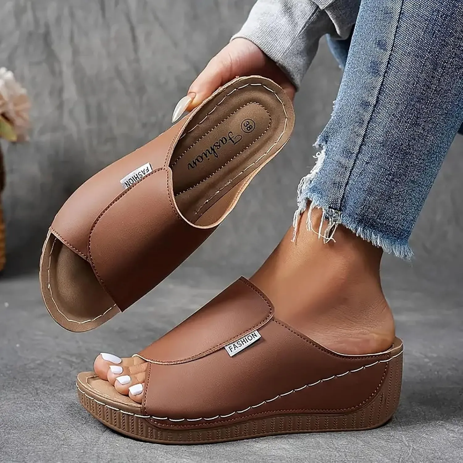 Wedge Sandals For Women 2025,Orthopedic Comfortable Walking Flip Flops Foot Arch Supports Dressy Summer Orthotic Leather Platform Plantar Fasciitis Bunion Slip On Slides Beach Cushion Slide Shoes