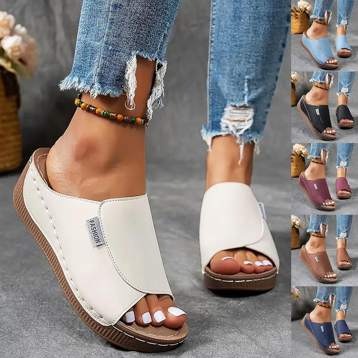 Wedge Sandals For Women 2025,Orthopedic Comfortable Walking Flip Flops Foot Arch Supports Dressy Summer Orthotic Leather Platform Plantar Fasciitis Bunion Slip On Slides Beach Cushion Slide Shoes