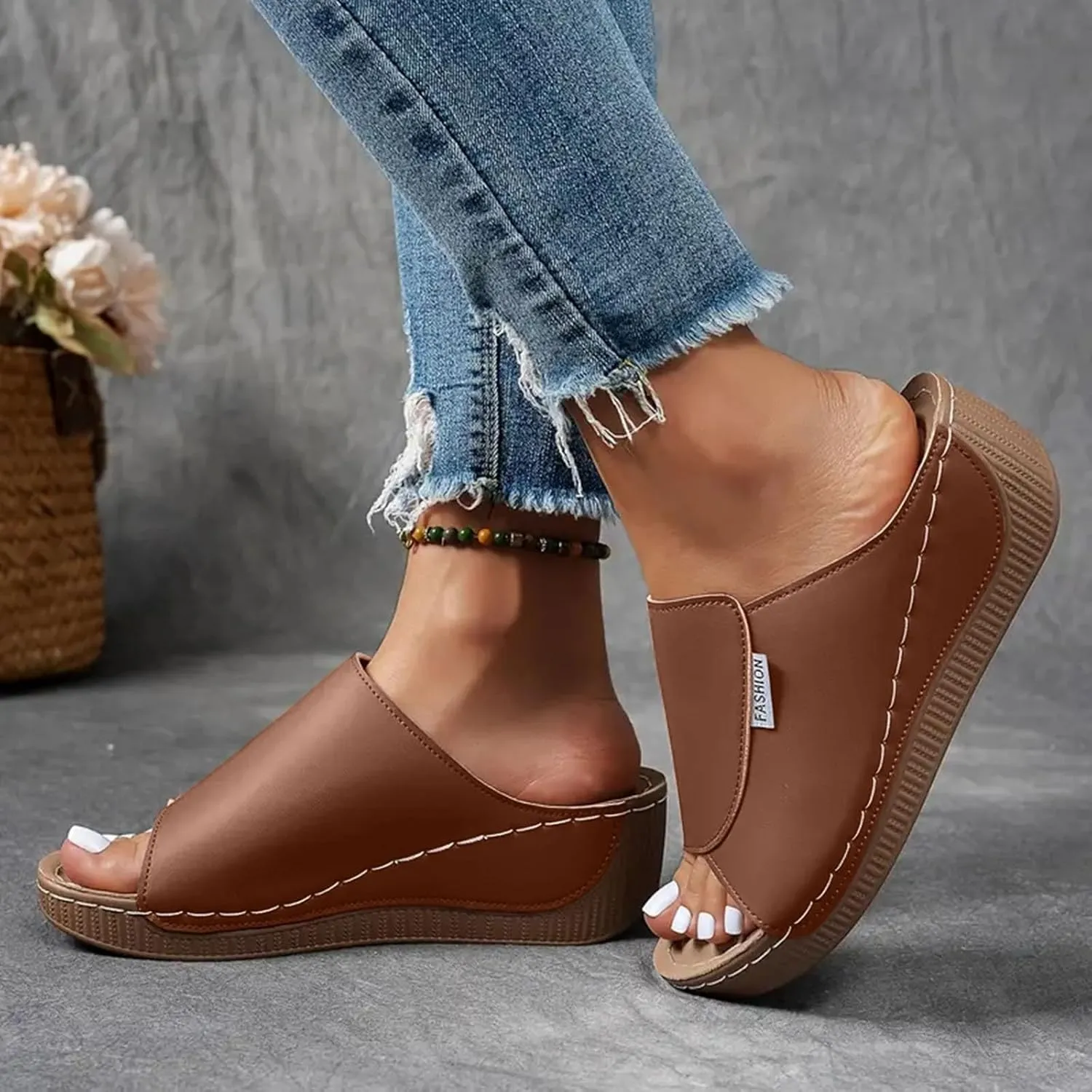 Wedge Sandals For Women 2025,Orthopedic Comfortable Walking Flip Flops Foot Arch Supports Dressy Summer Orthotic Leather Platform Plantar Fasciitis Bunion Slip On Slides Beach Cushion Slide Shoes