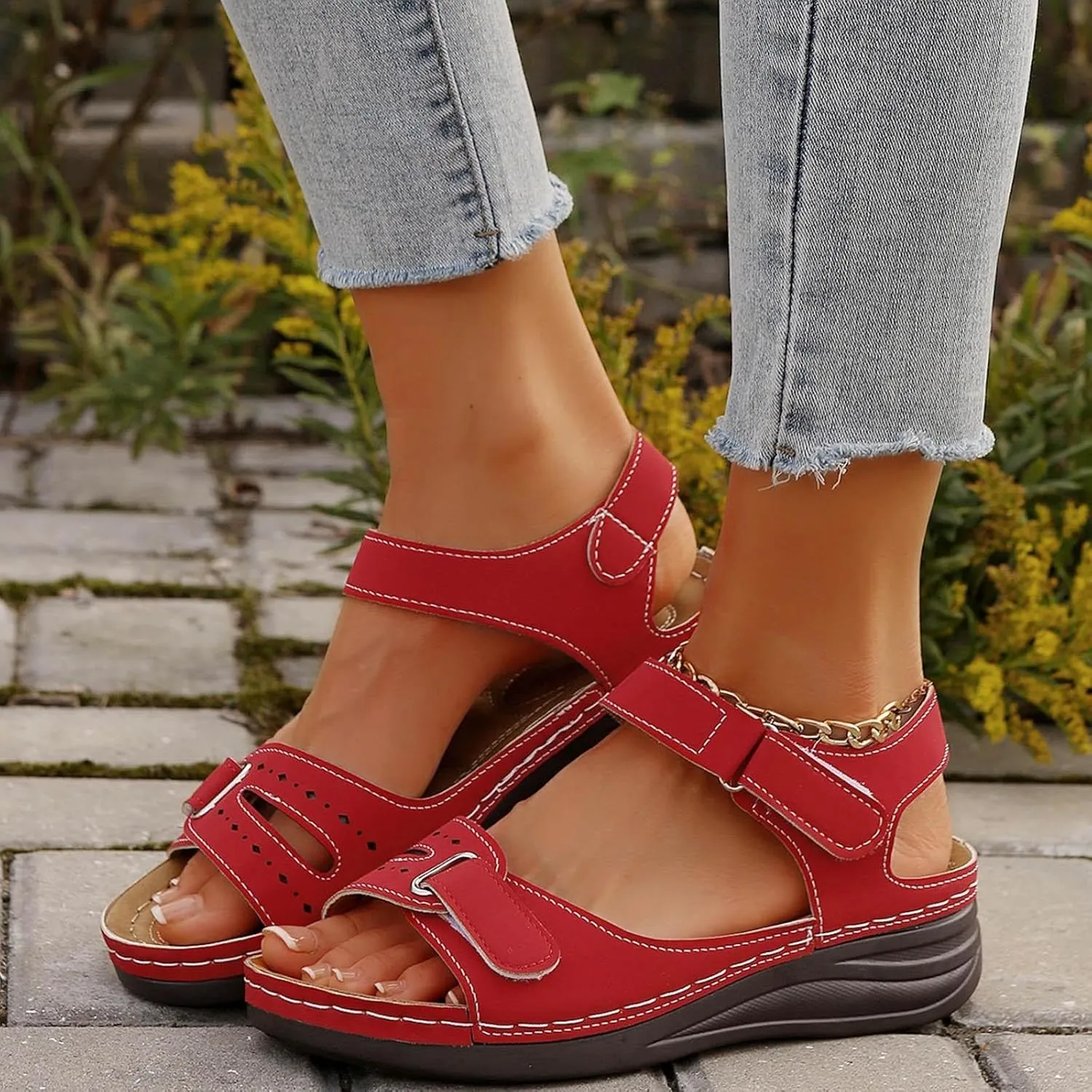 Women Arch Support Walking Sandals Summer Open Toe Orthopedic Platform Slip on Sandals