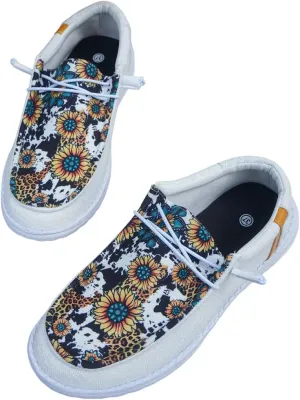 Women's Comfortable Sunflower Lace-up Loafers Orthopedic Ultralight Canvas Boat Casual Shoes with Arch Support White